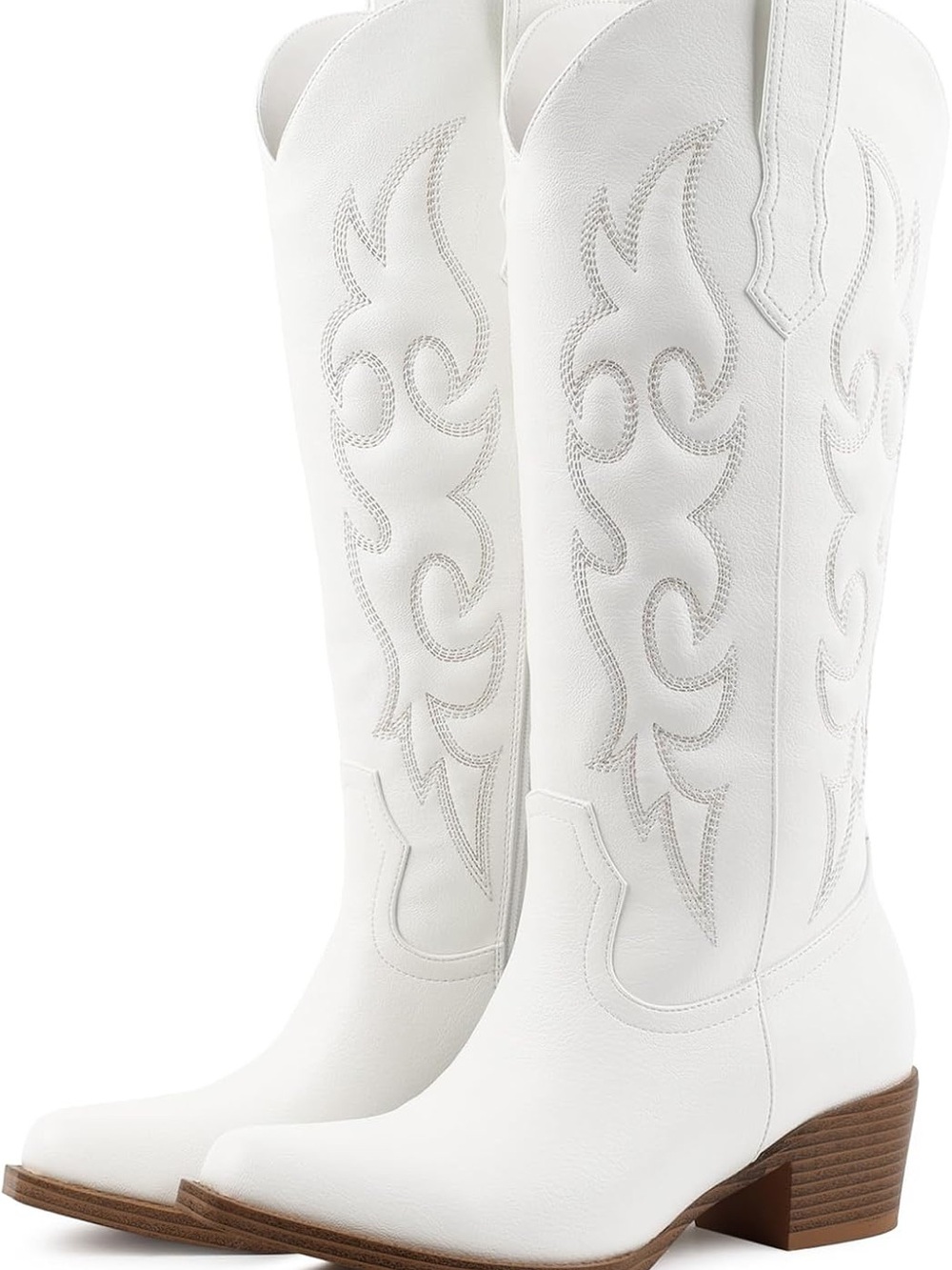 White Western Knee-High Leather Boots - Women's Fashion Cowboy Boots